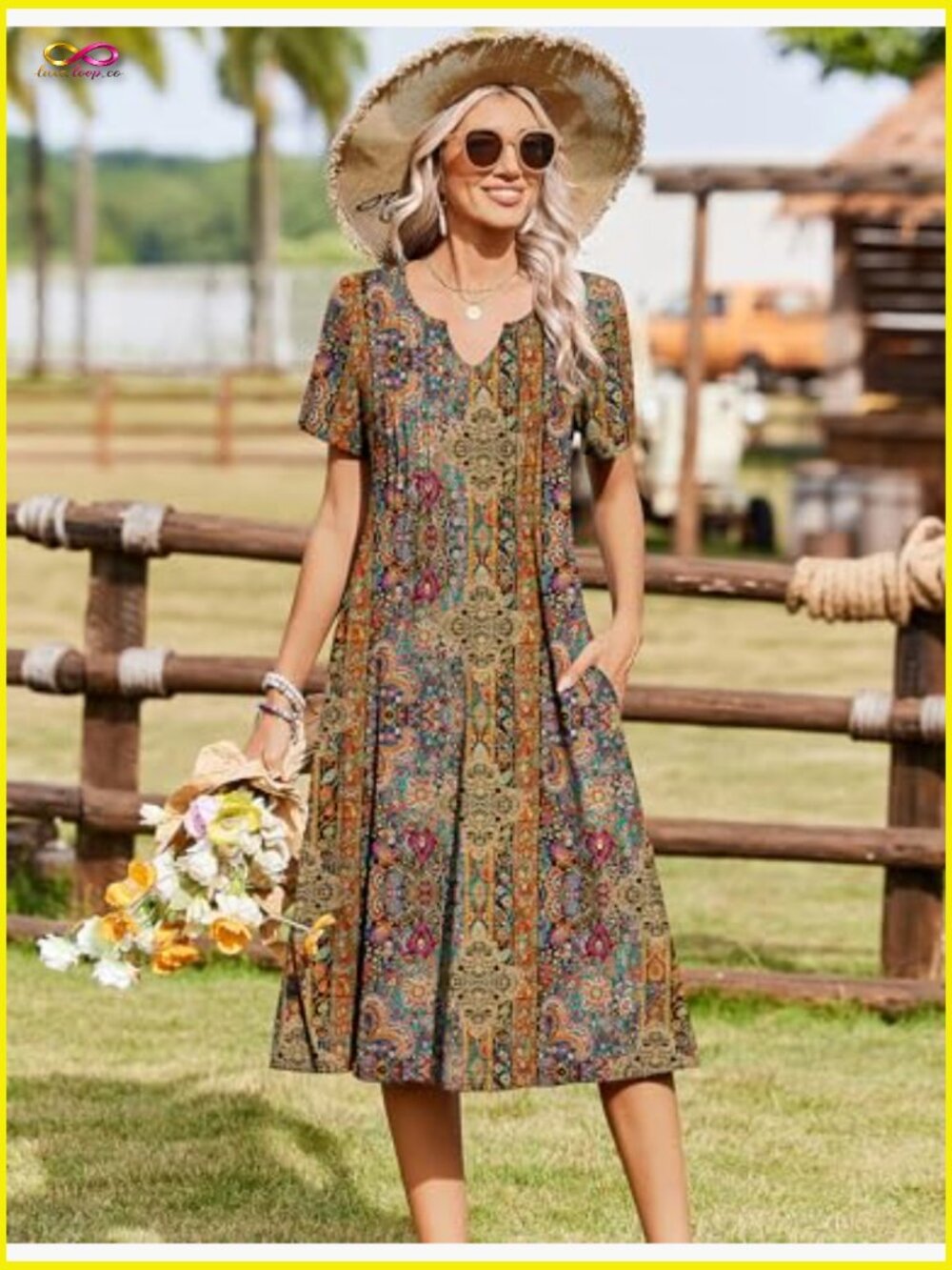Casual Short Sleeve A-Line Midi Dress With Pockets Flowy Pleated T-Shirt Dress - Picture 3 of 7